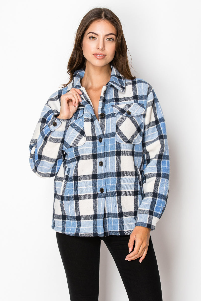 Women's Fur Inside Plaid Shirts Jacket Shacket (S-M-L-XL-2XL / 2-3-3-2-2) 12 pcs