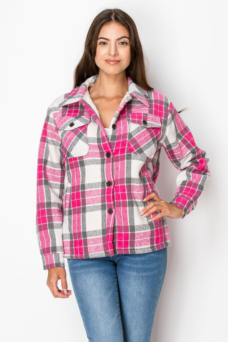 Women's Fur Inside Plaid Shirts Jacket Shacket (S-M-L-XL-2XL / 2-3-3-2-2) 12 pcs