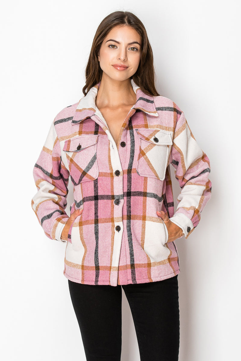 Women's Fur Inside Plaid Shirts Jacket Shacket (S-M-L-XL-2XL / 2-3-3-2-2) 12 pcs