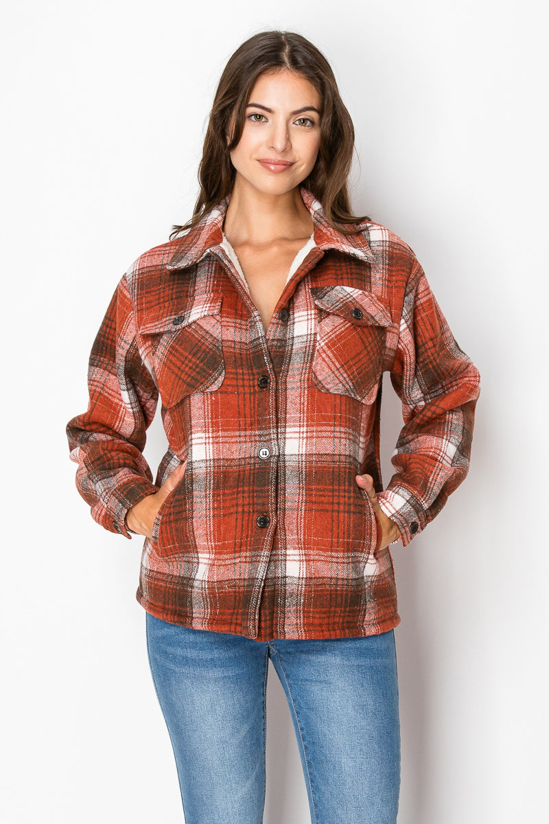 Women's Fur Inside Plaid Shirts Jacket Shacket (S-M-L-XL-2XL / 2-3-3-2-2) 12 pcs