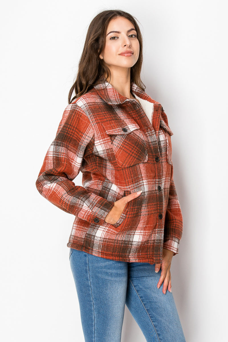 Women's Fur Inside Plaid Shirts Jacket Shacket (S-M-L-XL-2XL / 2-3-3-2-2) 12 pcs