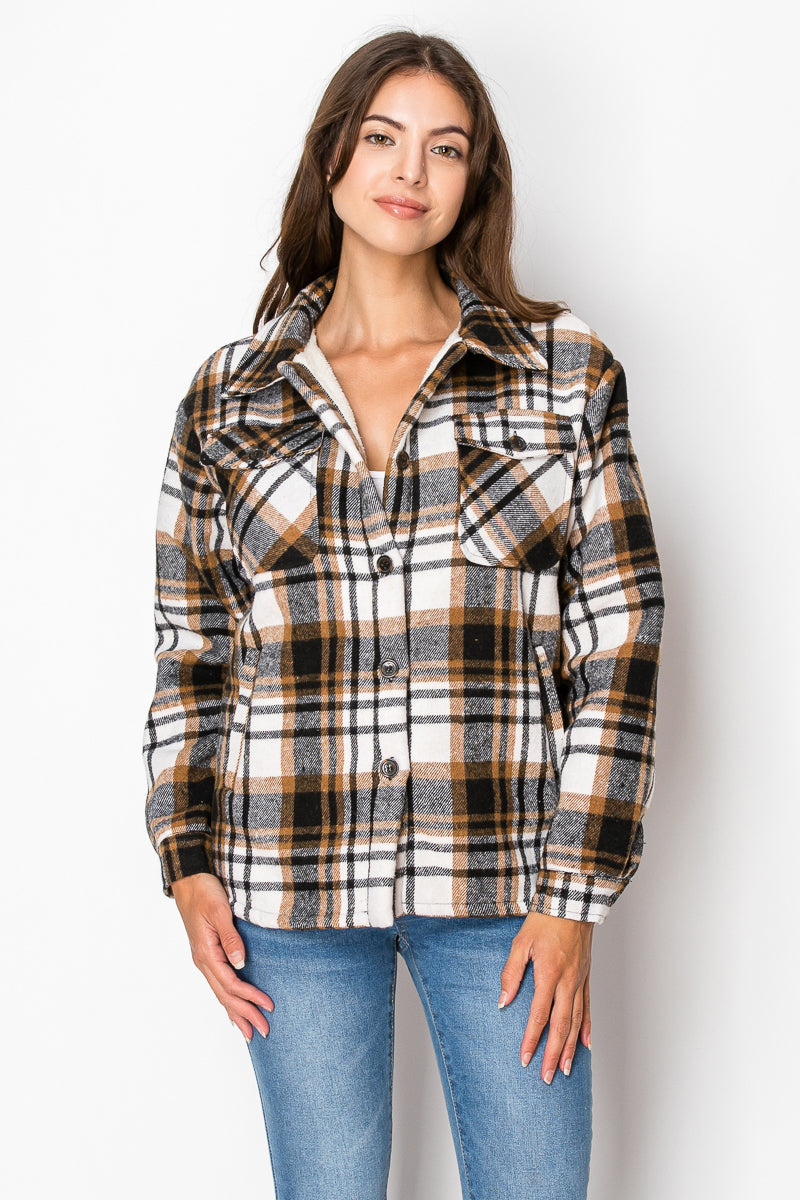 Women's Fur Inside Plaid Shirts Jacket Shacket (S-M-L-XL-2XL / 2-3-3-2-2) 12 pcs