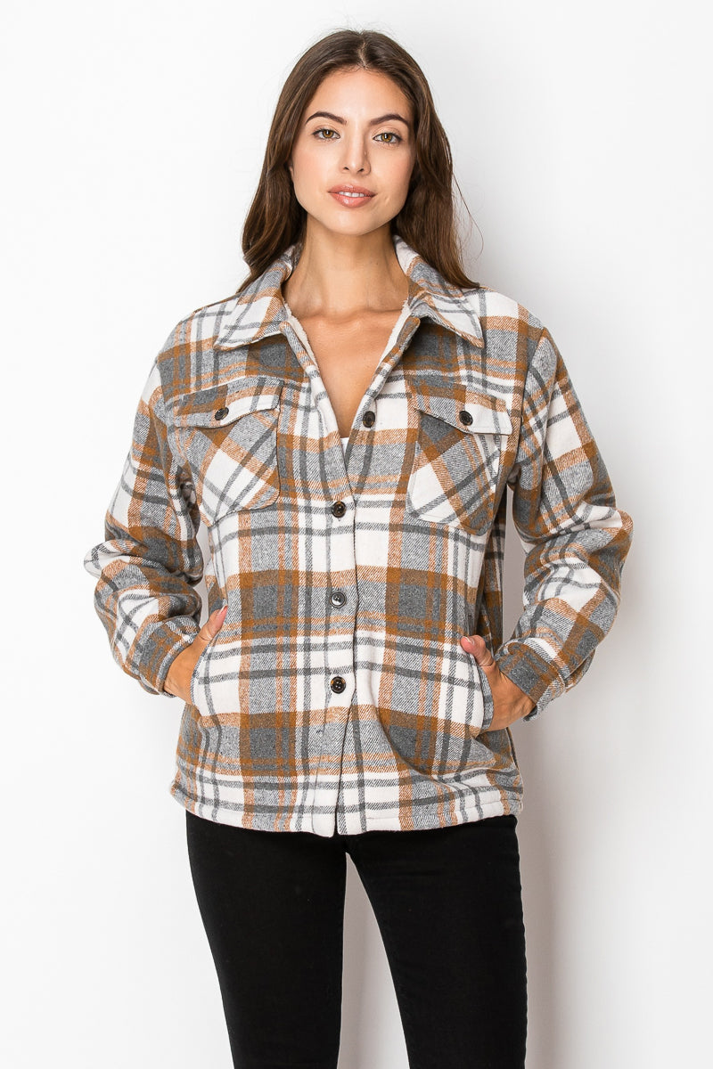 Women's Fur Inside Plaid Shirts Jacket Shacket (S-M-L-XL-2XL / 2-3-3-2-2) 12 pcs