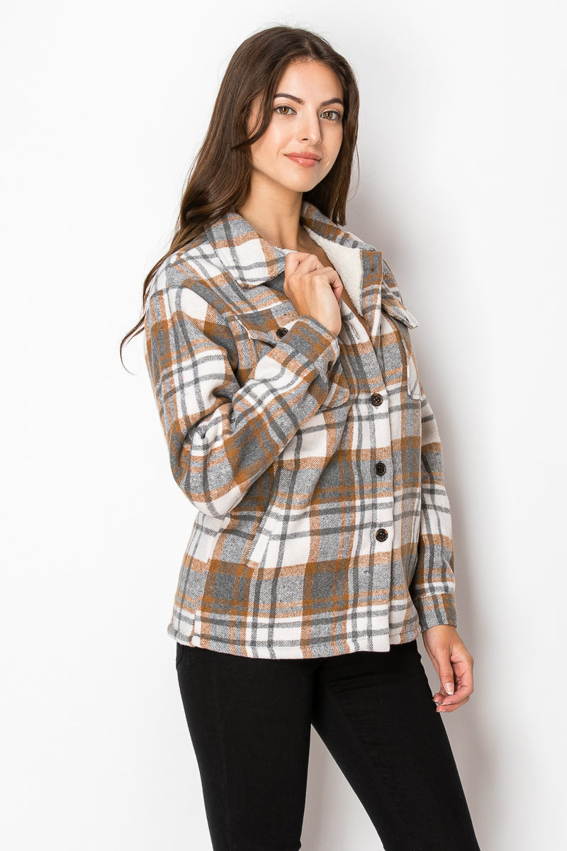 Women's Fur Inside Plaid Shirts Jacket Shacket (S-M-L-XL-2XL / 2-3-3-2-2) 12 pcs