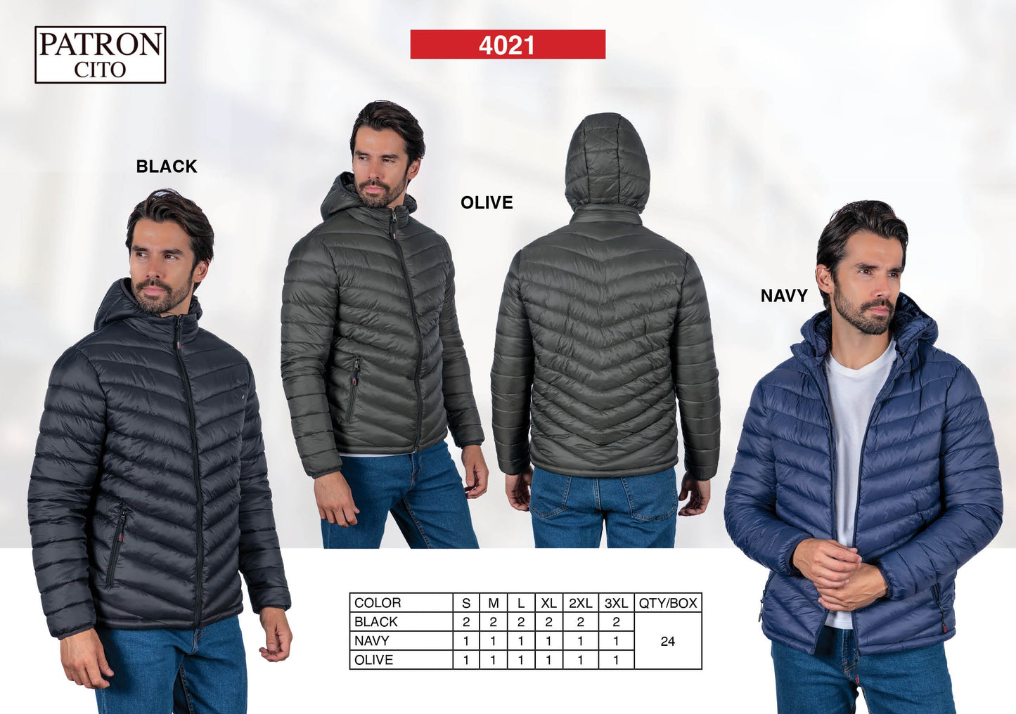 Men's Padding Jackets Box of three Colors (S-M-L-XL-2XL-3XL / 4-4-4-4-4-4) 24 PCS