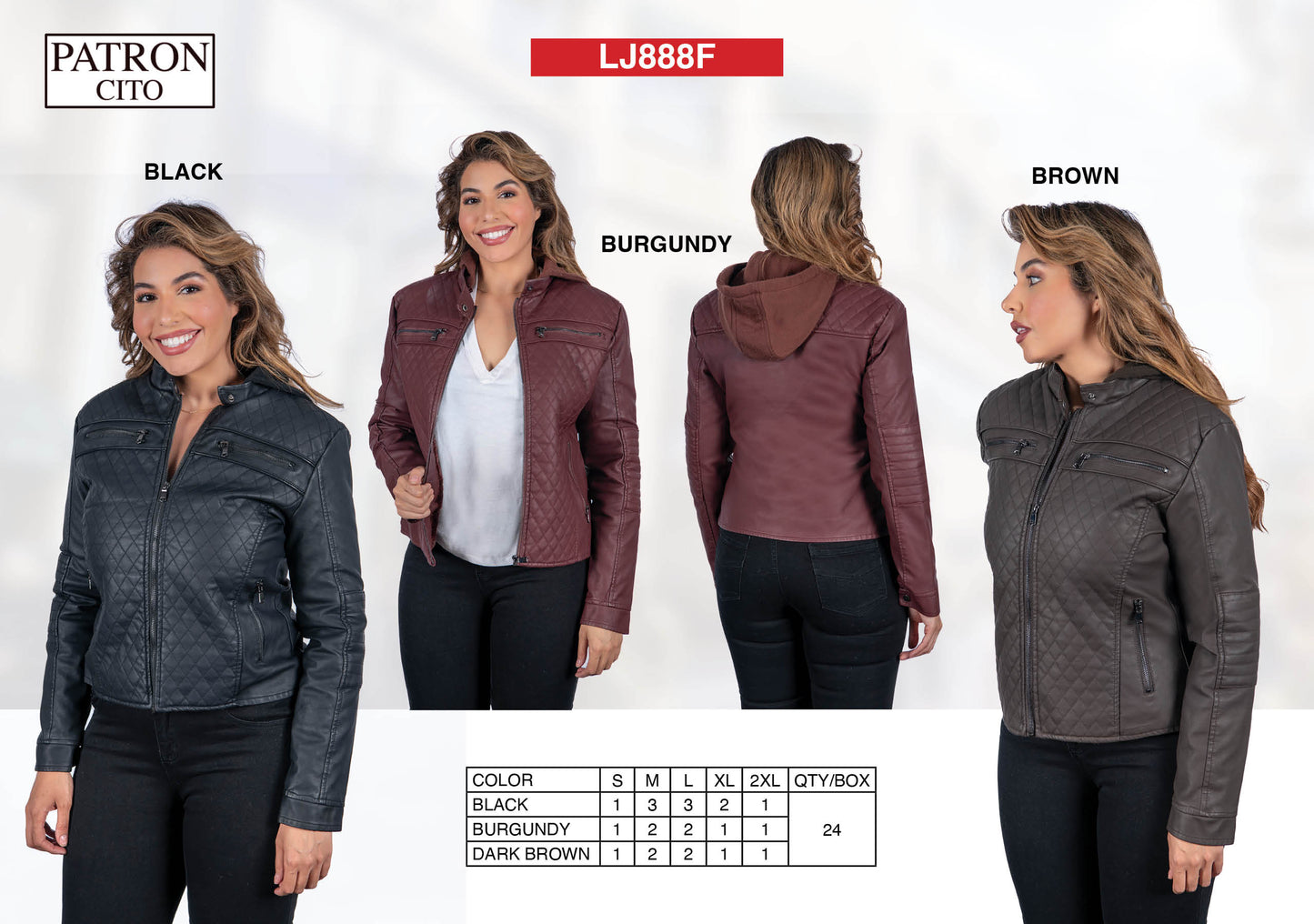 Women's PU Leather Hoodie Jackets (S-M-L-XL-2XL / 3-7-7-4-3) 24 pcs