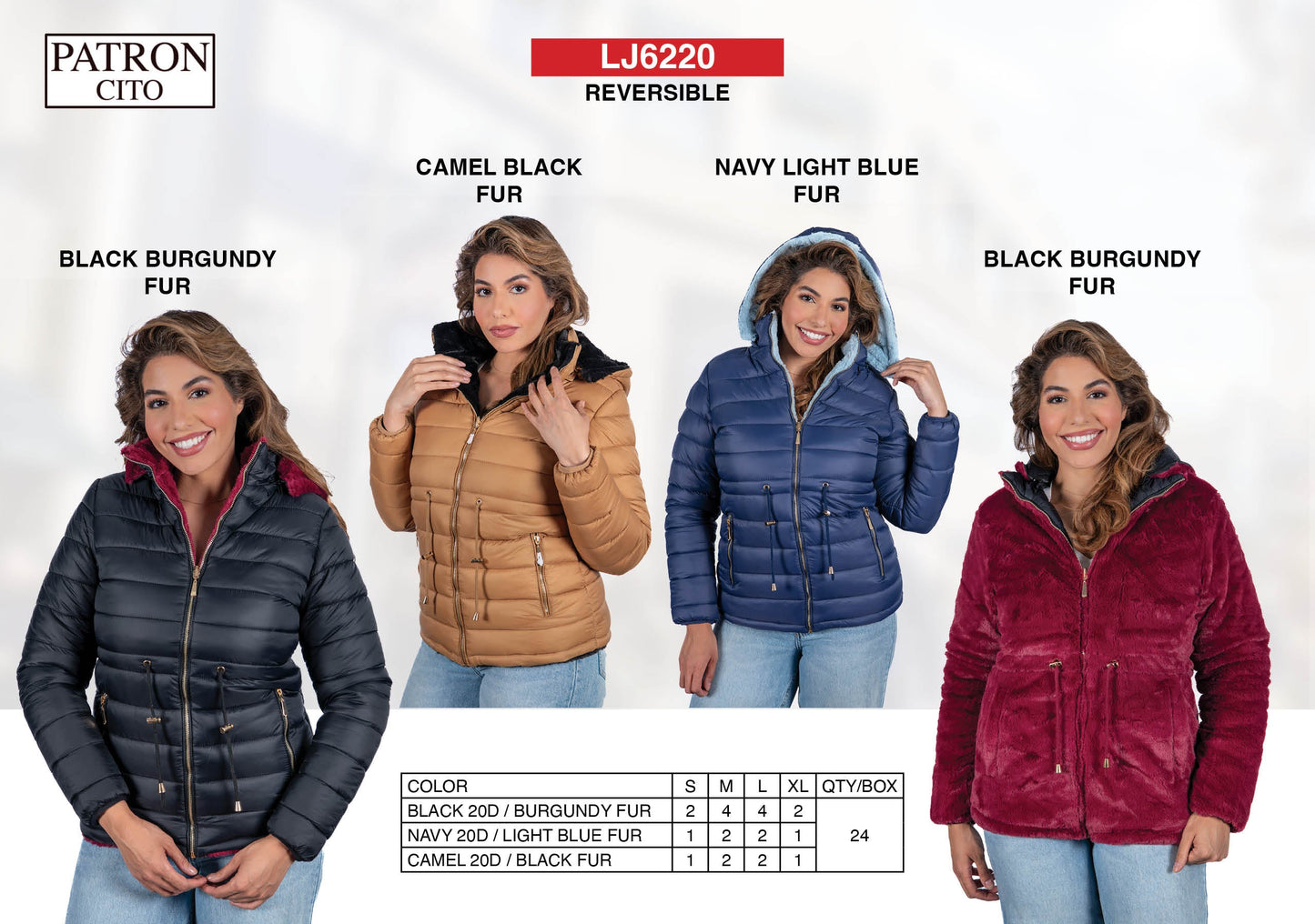 Women's Reversible Padded Fur Hoodie Jackets (S-M-L-XL / 4-8-8-4) 24 pcs