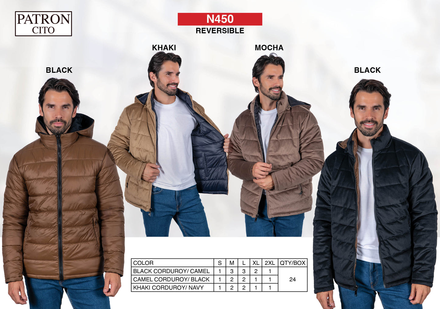 Men's Reversible Padded Jacket (S-M-L-XL-XXL / 3-7-7-4-3) 24 pcs