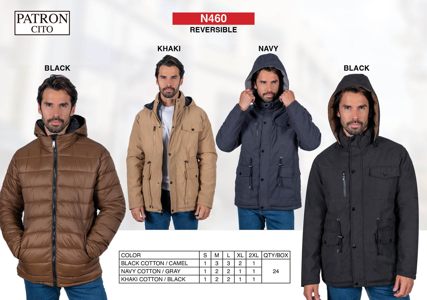 Men's Reversible Padded Durable Jacket (S-M-L-XL-XXL / 3-7-7-4-3) 24 pcs