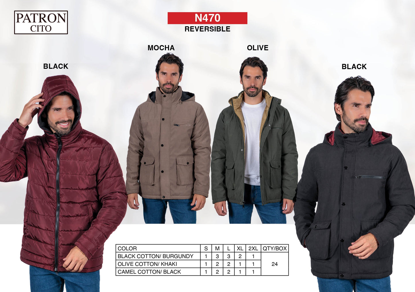 Men's Reversible Padded Durable Jacket (S-M-L-XL-XXL / 3-7-7-4-3) 24 pcs