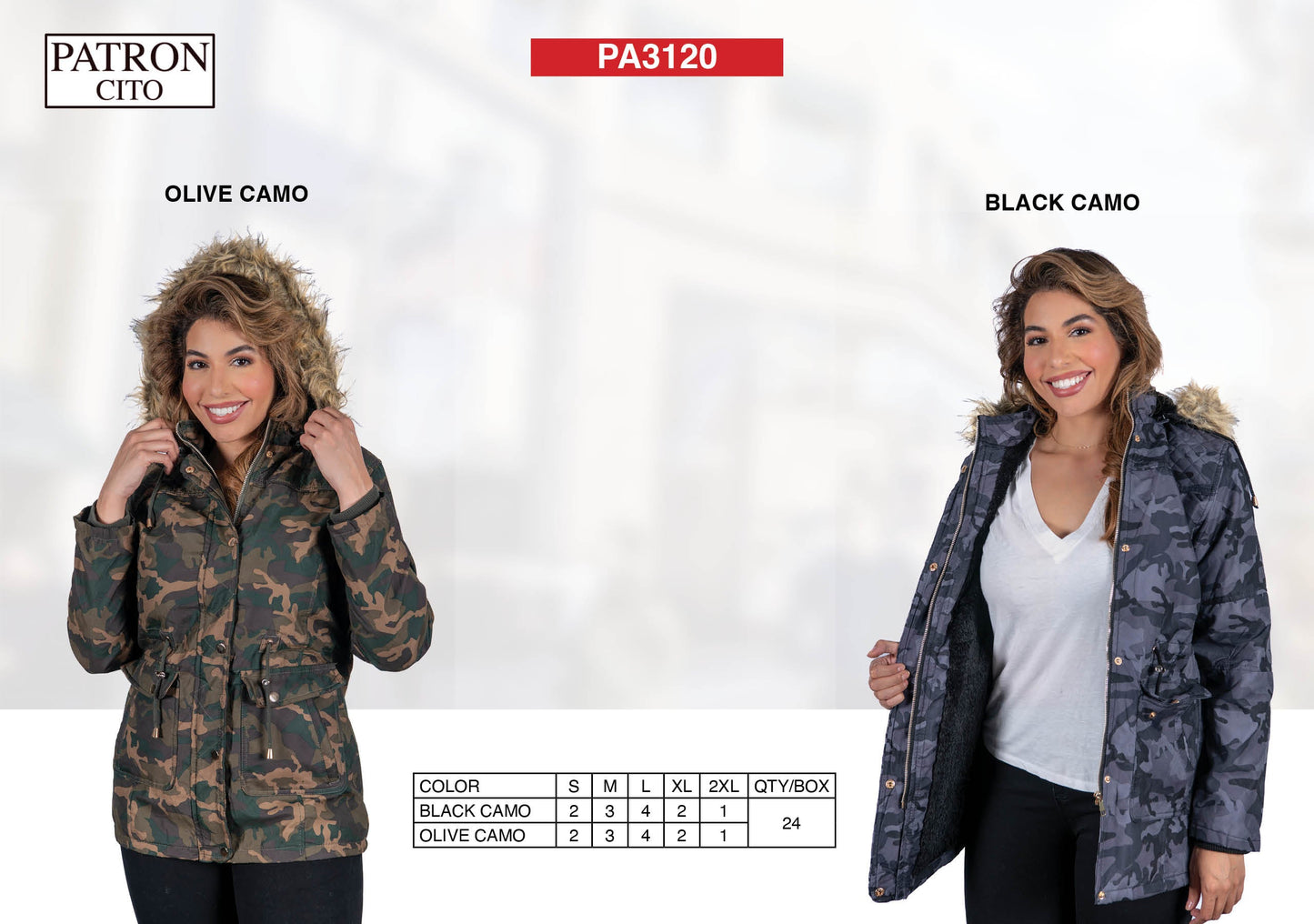 Women's Camo Fur Hooded Jackets (S-M-L-XL-2XL / 4-6-8-4-2) 24 PCS