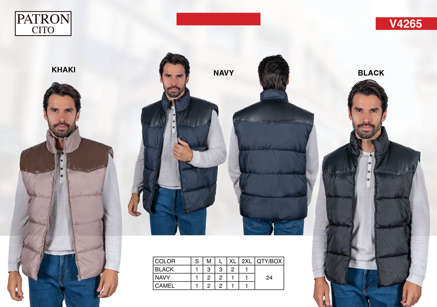 Men's Outdoor Padded Vests (S-M-L-XL-XXL / 3-7-7-4-3) 24 pcs