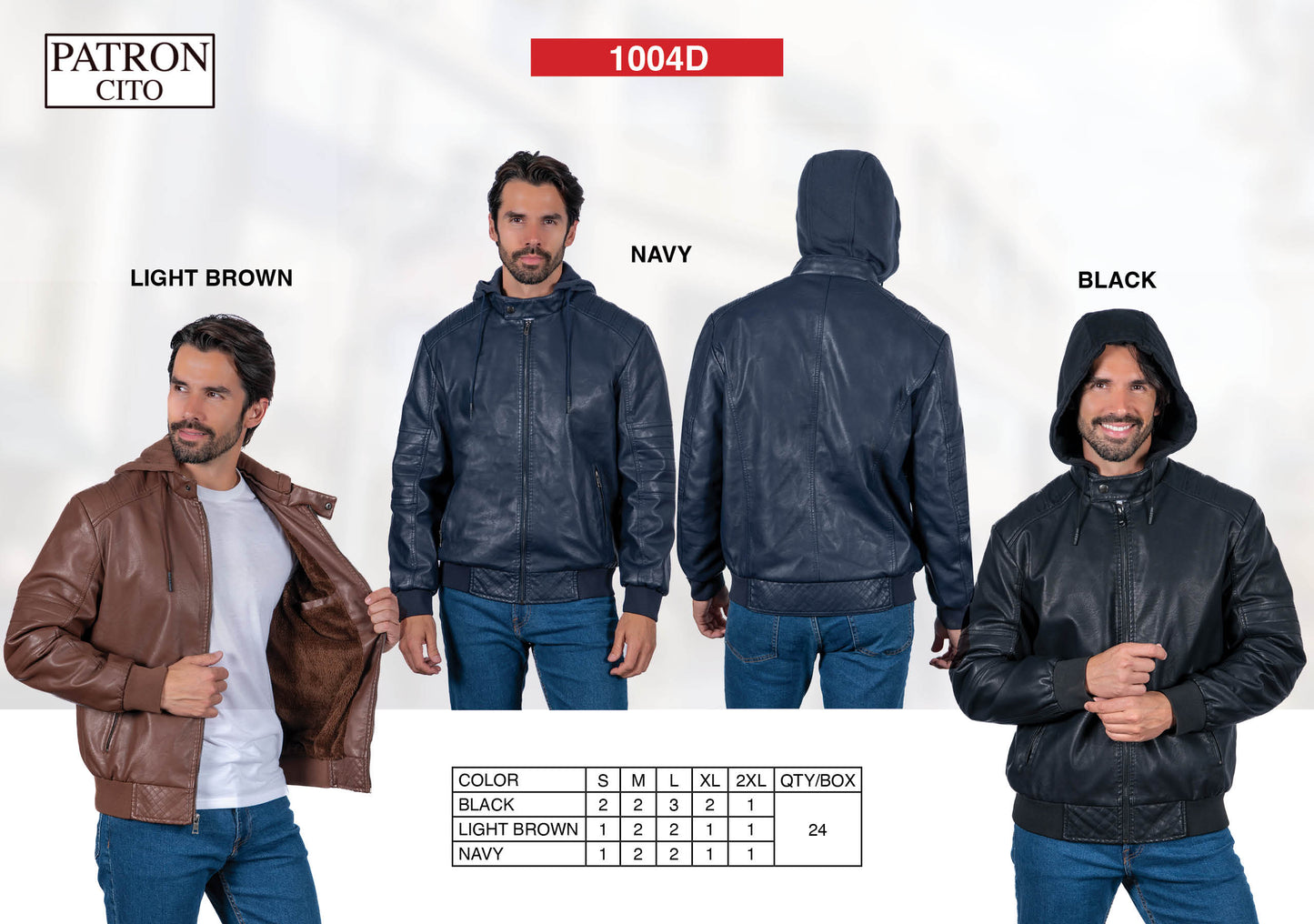 Men's PU Leather Hoodie Jackets (S-M-L-XL-XXL / 4-6-7-4-3) 24 PCS