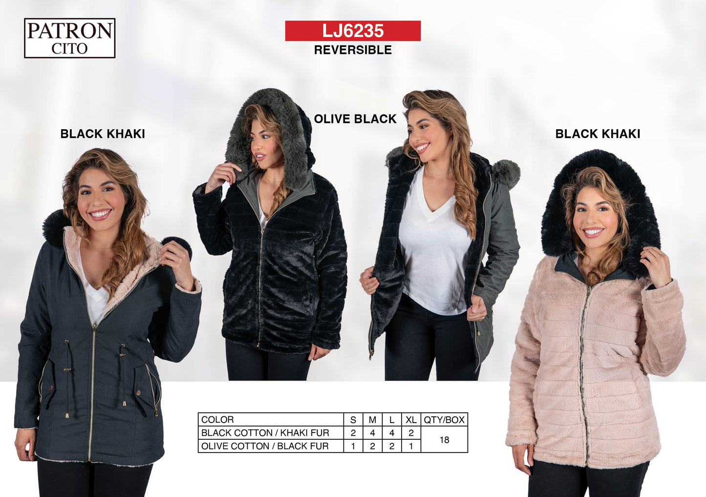 Women's Reversible Faux Fur Hooded Jackets (S-M-L-XL / 3-6-6-3) 18 pcs